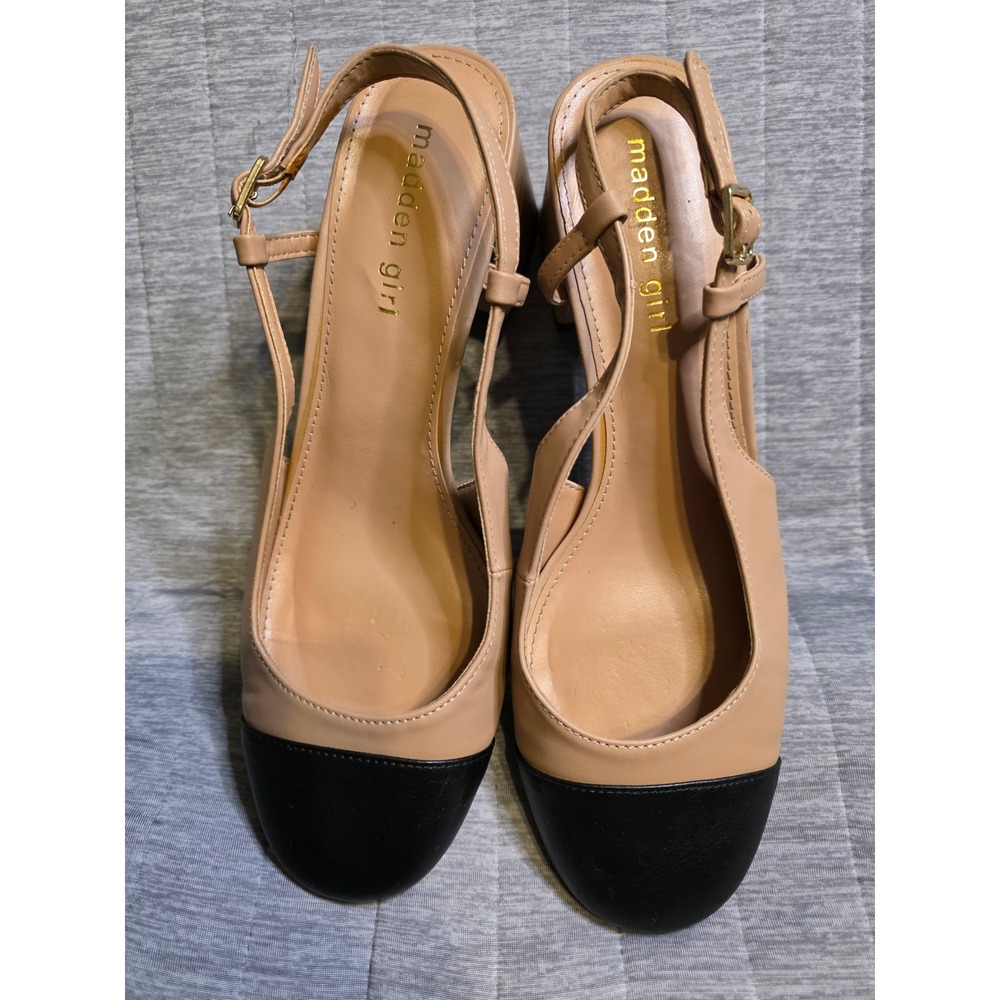 1468 Madden Girl Two Tone Cap Toe Slingback Block Heel Pumps Tan Black Women 10M